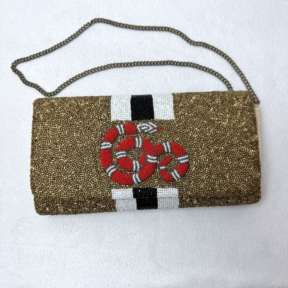 Tiana Beaded Snake Purse Chain Shoulder Strap Bag Gold Red Serpent Glam Party